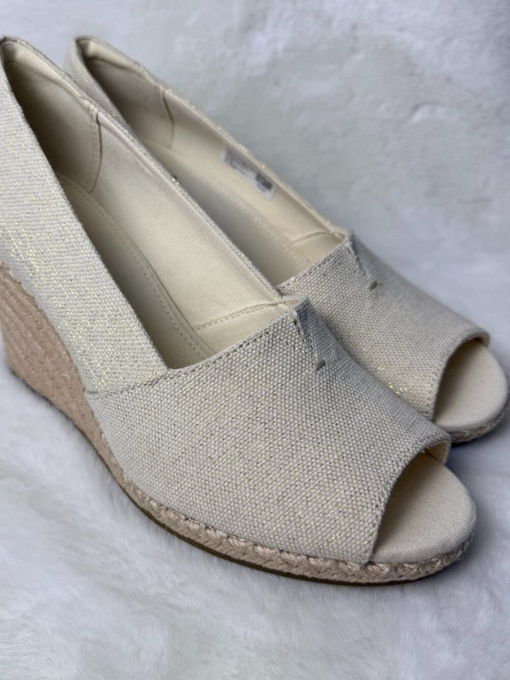 TOMS Cream Canvas Metallic Glint  Wedge Alpargata Espadrilles